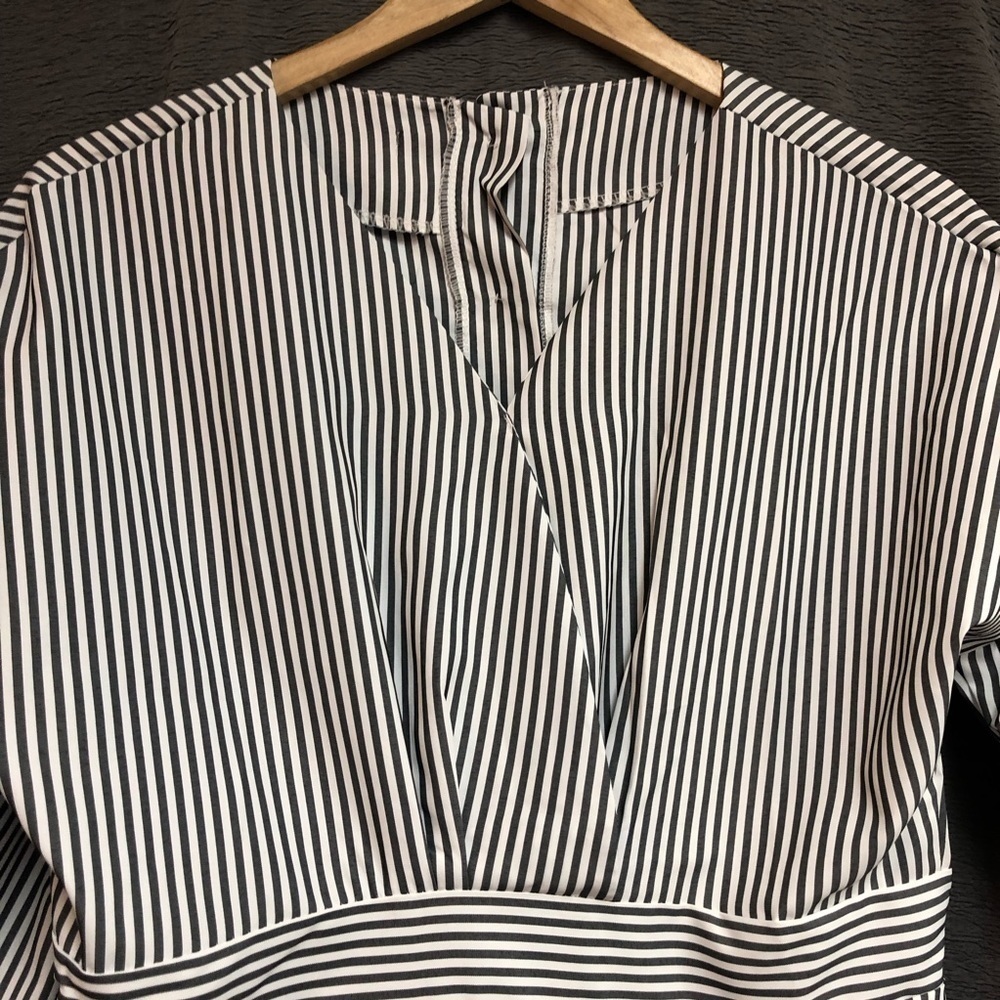 White and gray striped dressy blouse with buttons up the back, waistband - Picture 11 of 12